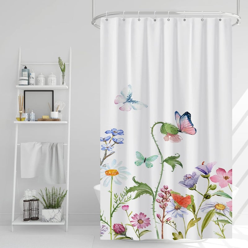 AWERT Butterfly Wildflowers Small Half Size Stall Shower Curtain with Hooks Shower Stall Curtain for Bathroom/RV and Camper 48 x 72 - Image 1